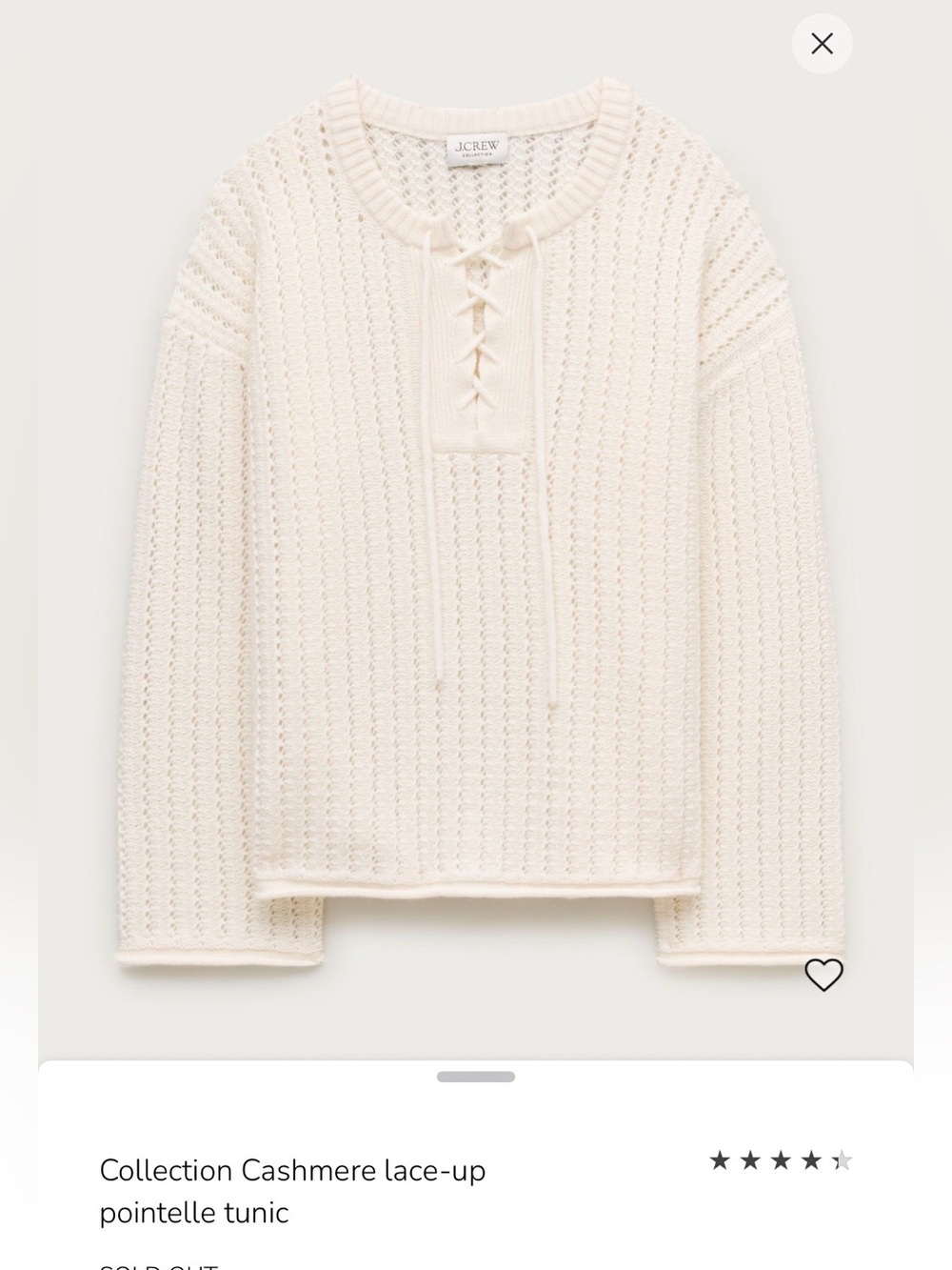 J. Crew Cream Lace-Up Pointelle Cashmere Tunic Sweater